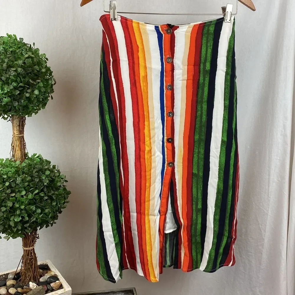 Olivaceous Striped Button Up A Line Midi Skirt M